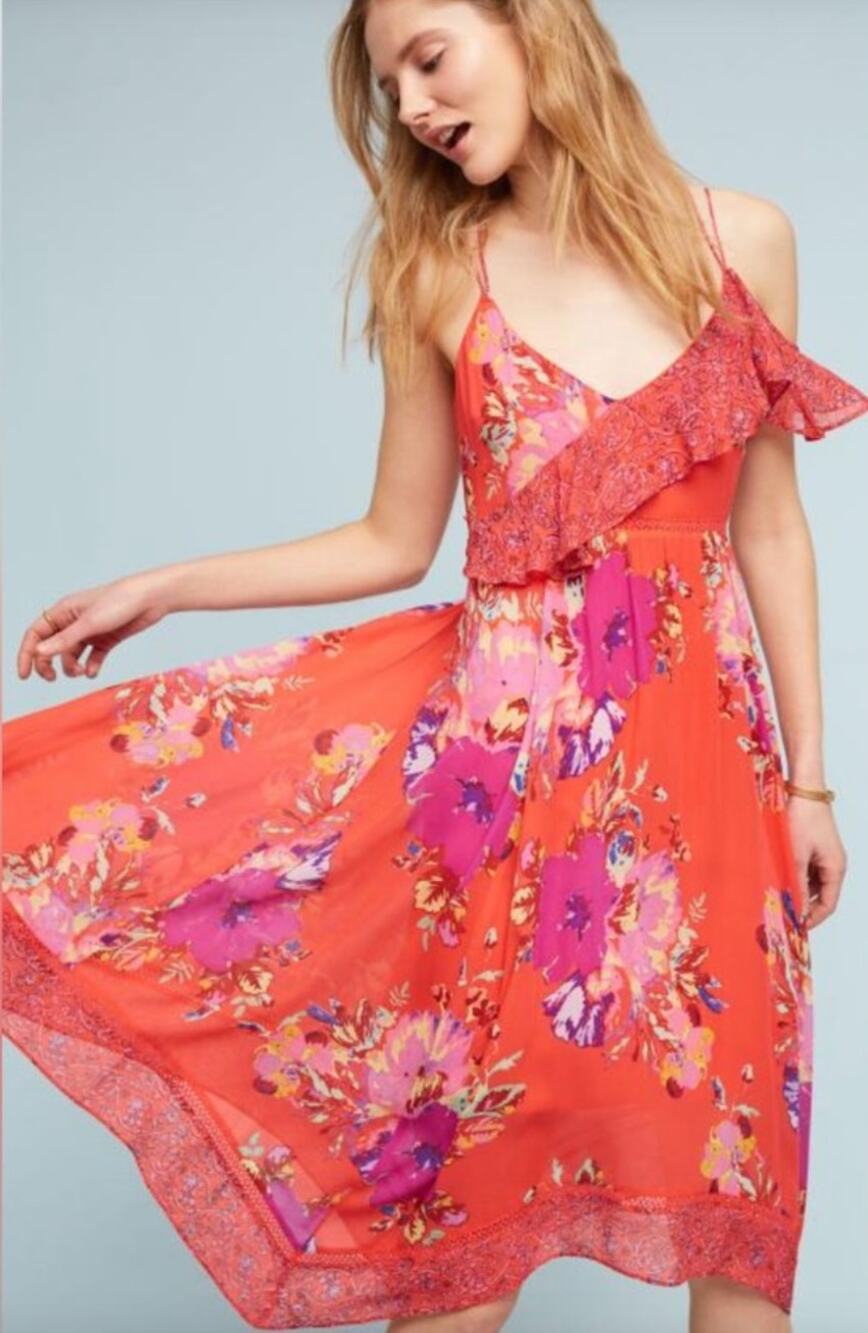 NWT Anthropologie Maeve Grecia Ruffle Dress Red Floral Asymmetrical Hem Size 8